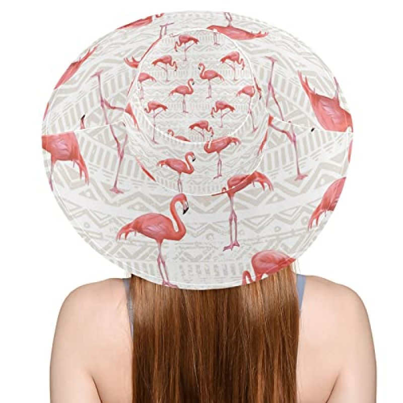 Qilmy Flamingo Womens Sun Hat 방수 비치 모자 턱 스트랩 모자 UV 보호 와이드 챙 모자 여름 야외 하이킹 낚시 사파리 캠핑 원예