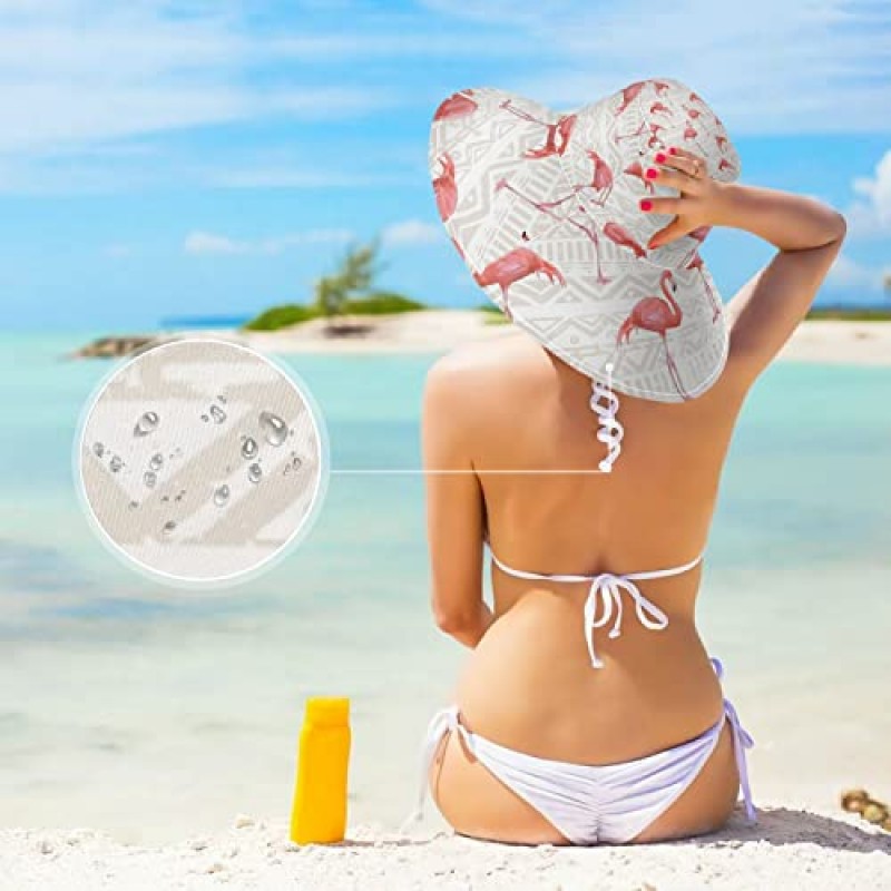 Qilmy Flamingo Womens Sun Hat 방수 비치 모자 턱 스트랩 모자 UV 보호 와이드 챙 모자 여름 야외 하이킹 낚시 사파리 캠핑 원예