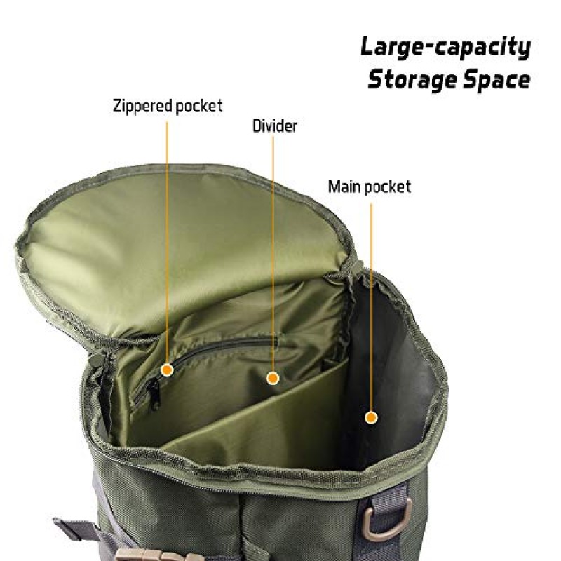 Tidyard 원통형 낚시 태클 배낭 다기능 대용량 낚시 배낭 야외 여행 캠핑 낚시대 릴 태클 가방 로드 홀더가 있는 어깨 가방 수하물 가방(육군 녹색)