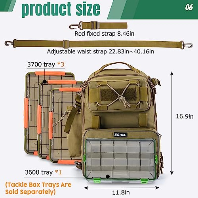 Goture 배낭 낚시 가방, 막대 홀더가 있는 방수 낚시 태클 배낭, 바닷물 낚시 장비 가방, 전술 가방 하이킹, 캠핑, 매장 6 3600 태클 박스용 야외 크로스 바디 슬링 가방