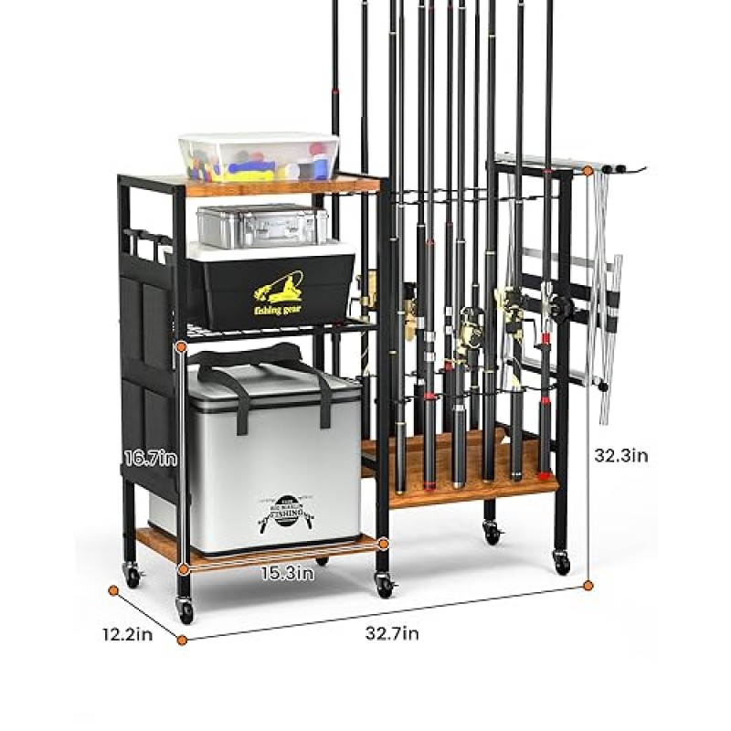 Vdamu 낚싯대 및 장비 홀더 - 낚시 장비 낚시 장비 정리함, 캐스터가 있는 낚싯대 홀더 최대 12개 낚싯대, 차고용