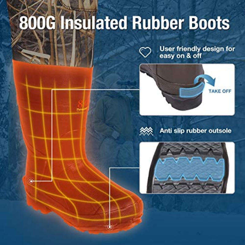 HISEA 사냥 방수 바지, 800G 절연 부츠가 있는 남성용 네오프렌 가슴 방수 바지 방수 네오프렌 부츠 풋 방수 바지