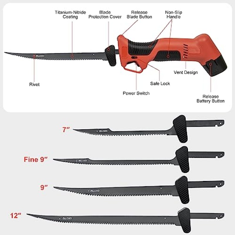 VLOXO 무선 전기 필렛 나이프(티질화물 S.S. 코팅 비점착 블레이드 4개 및 배터리 2개 포함) 안전 잠금 미끄럼 방지 그립 핸들 충전식 전기 낚시 칼 낚시용 야외용 엣지 나이프