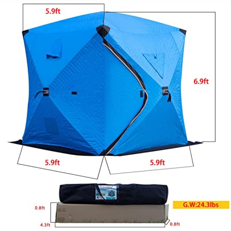 얼음 낚시 대피소, 1-2-3인용 절연 겨울 대피소, 접이식 얼음 낚시 팝업 텐트, 대형 공간 휴대용 겨울 낚시 텐트, 3겹 면 두꺼워지고 따뜻하며 방수 및 방설.