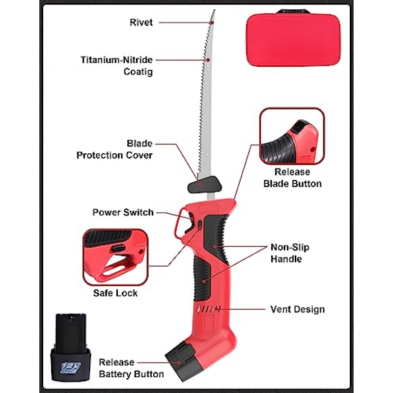 생선용 무선 전기 필렛 칼, 충전식 배터리 2개가 포함된 전기 생선 필렛 칼, 티타늄 질화물 S.S. 코팅된 붙지 않는 왕복 블레이드 4개, 미끄럼 방지 그립 손잡이 및 실용적인 핸드백