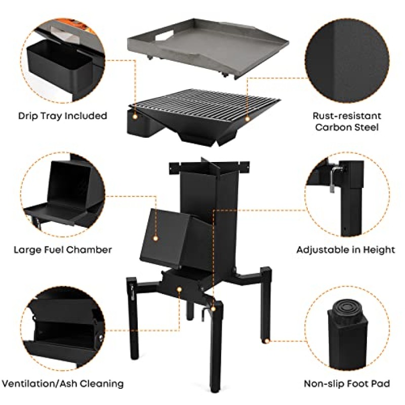 그릴 랙, 철판 및 냄비 요리 스탠드가 포함된 Stanbroil 대형 3 in 1 로켓 스토브, 뒷마당 요리, 자동차 캠핑 및 독립형 준비를 위한 조절 가능한 다리가 있는 튼튼한 장작 난로