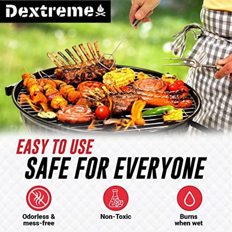 Dextreme Quick Instant Fire Starter 100Pcs - 방수 다용도 실내 및 실외 방화 장치, 숯불 시동기, 캠프파이어, 벽난로, 바비큐, 생존 및 장작 난로용 - 무취 및 무독성