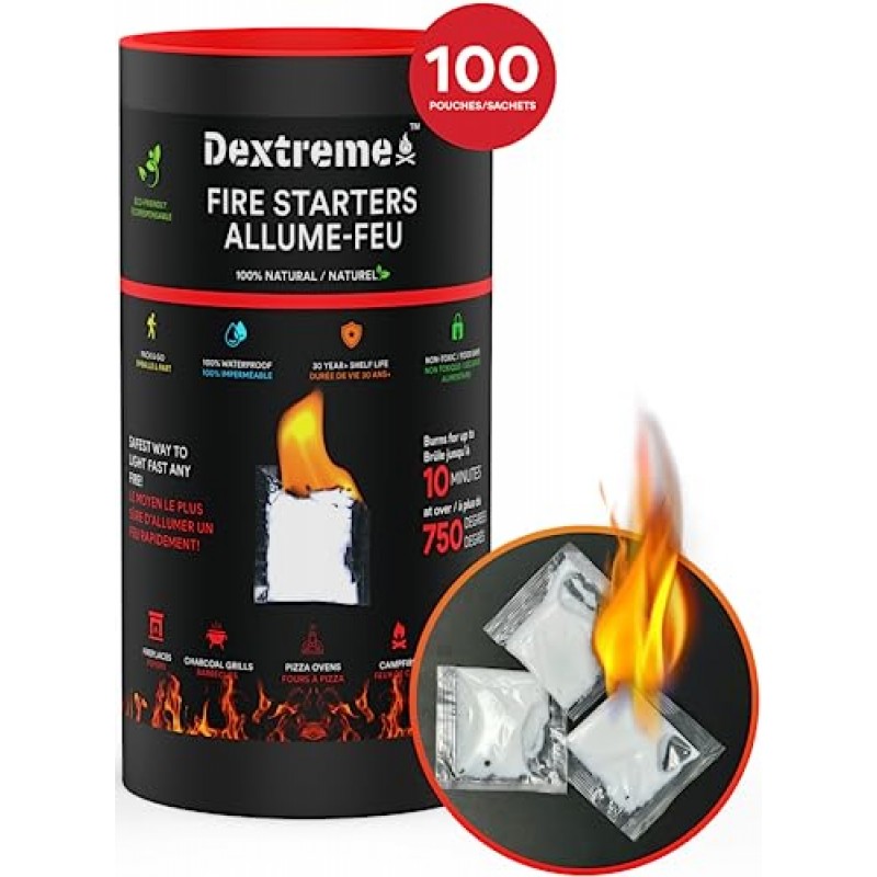 Dextreme Quick Instant Fire Starter 100Pcs - 방수 다용도 실내 및 실외 방화 장치, 숯불 시동기, 캠프파이어, 벽난로, 바비큐, 생존 및 장작 난로용 - 무취 및 무독성