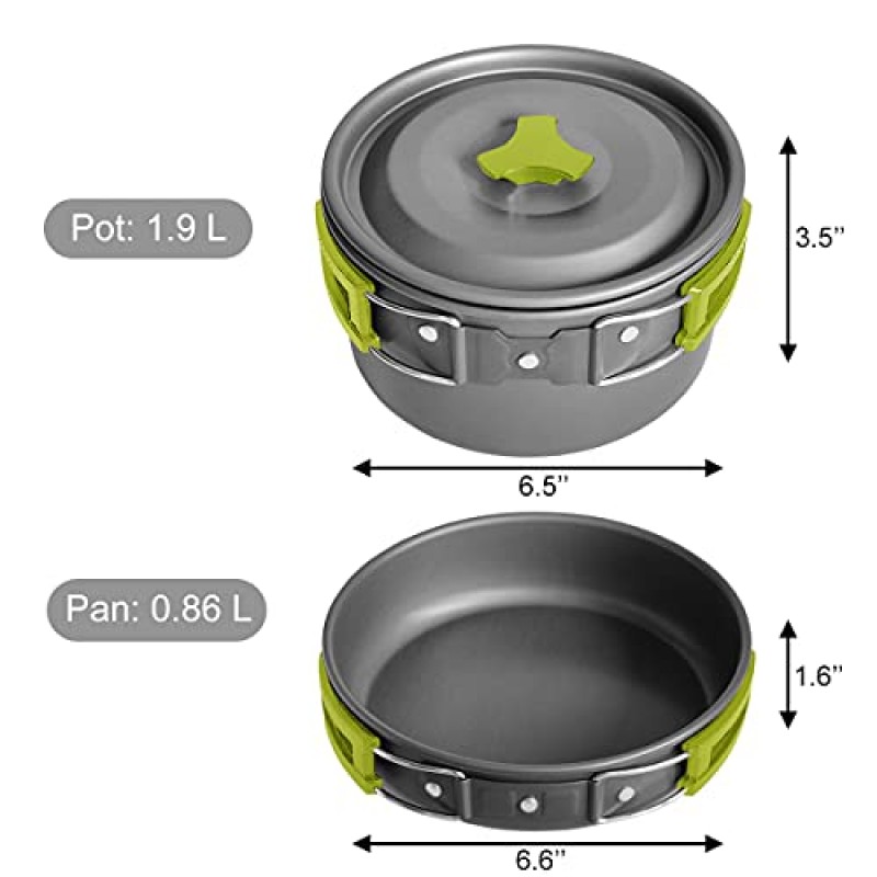 Gold Armor 10pcs 캠핑 조리기구 엉망 키트, 2 컵이 포함 된 경량 냄비 팬 주전자, 배낭 여행용 포크 스푼 키트, 야외 캠핑 하이킹 및 피크닉