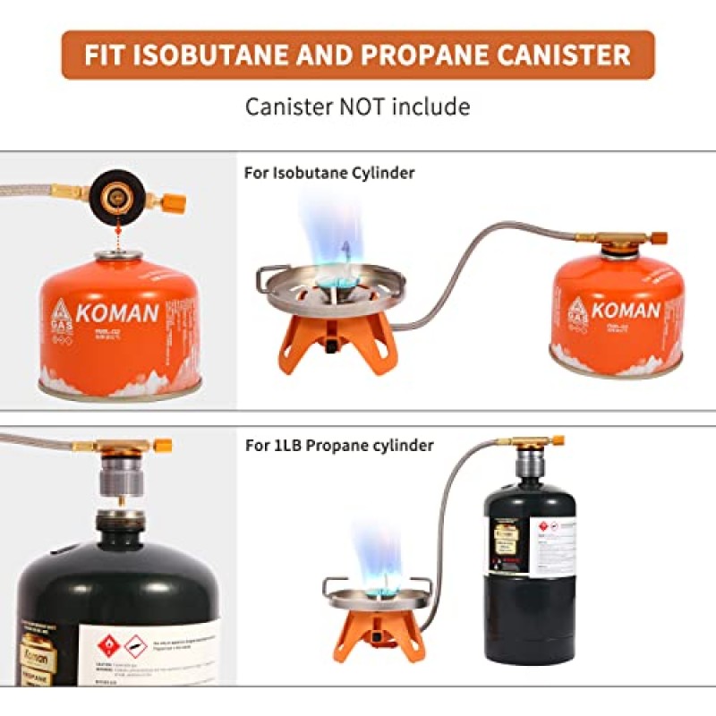 KOMAN 휴대용 캠핑 스토브, 피에조 점화 기능이 있는 배낭형 스토브, 호스가 있는 부탄 스토브, 여행용 조절 가능한 버너가 있는 야외 방풍 캠프 요리 스토브, 하이킹(용기통은 포함되지 않음)
