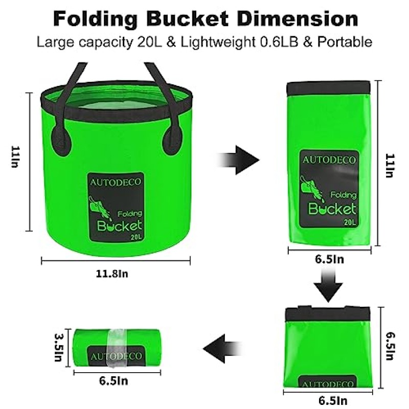 AUTODECO 접이식 물통 5 갤런 컨테이너 접이식 물통 캠핑 낚시 여행용 휴대용 세면대 야외 원예 세차 짙은 녹색 1Pcs 20L