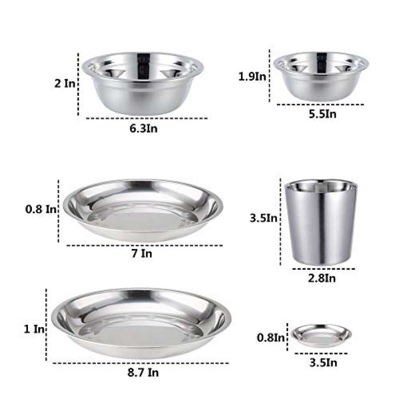 COTOM 스테인레스 스틸 캠핑 접시 컵과 그릇 세트. 캠핑 접시 세트(24개 세트) 3.5인치~8.6인치. 캠핑, 하이킹, 해변, 야외용 플레이트 포함. 여행 가방