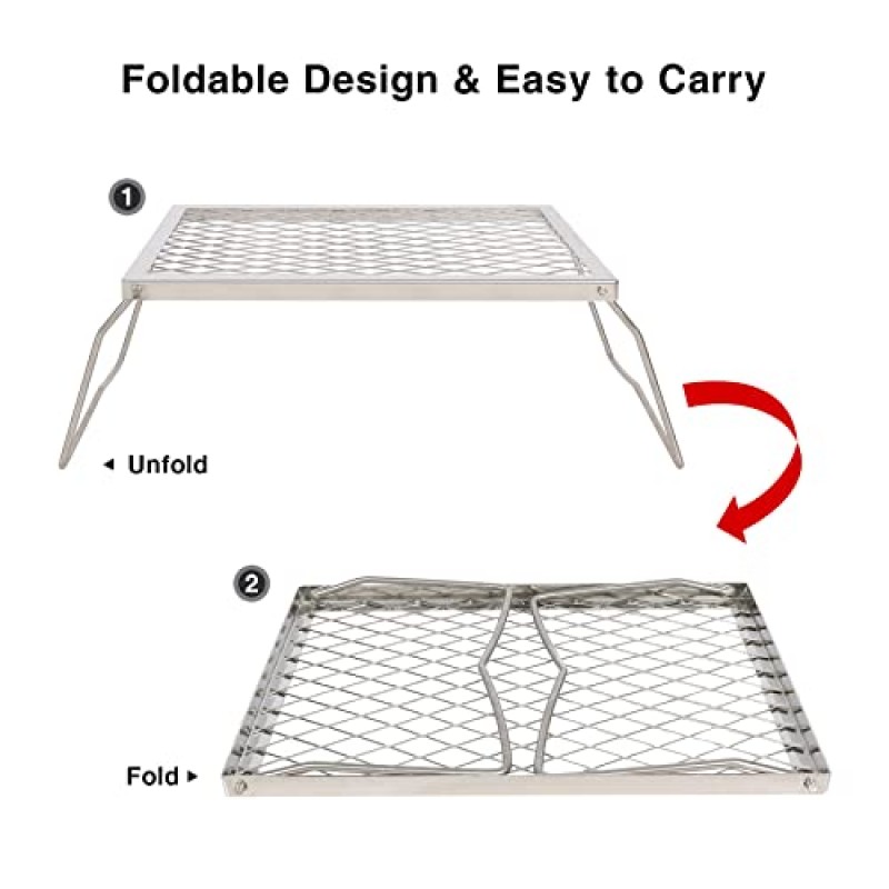 REDCAMP 접이식 스테인레스 캠프 파이어 그릴 헤비 듀티 스틸 창살, Over Fire Pit 용 휴대용 캠프 파이어 요리 랙
