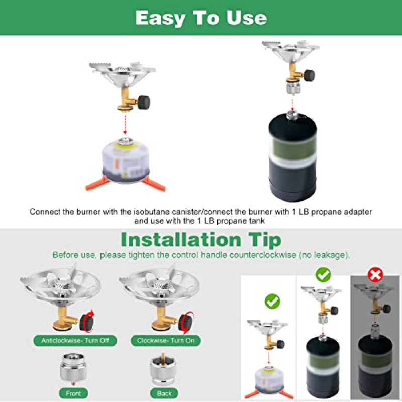휴대용 캠핑 스토브 버너, 1LB 프로판 어댑터 및 연료 캔 캐니스터 스탠드가 포함된 2 in 1 캠핑 스토브, 휴대용 가방이 포함된 경량 하이킹 스토브, 야외 요리용 소형 프로판 캠프 스토브