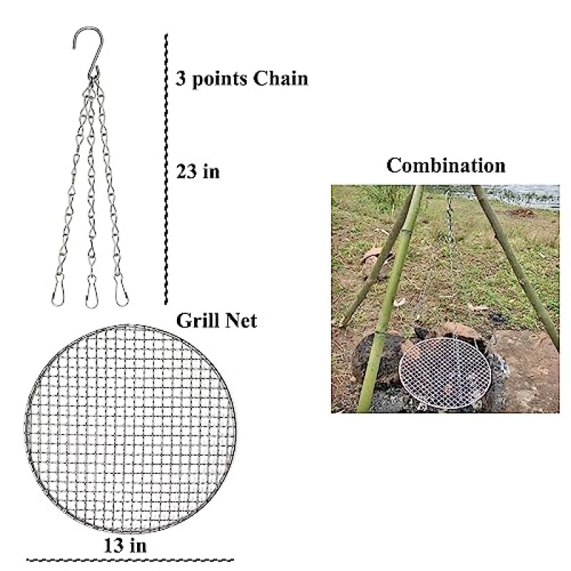 요리용 휴대용 캠프파이어 삼각대, 요리용 캠핑 삼각대, 조절 가능한 3포인트 체인, 그릴 네트를 사용하여 가지를 캠프파이어용 삼각대 그릴로 전환
