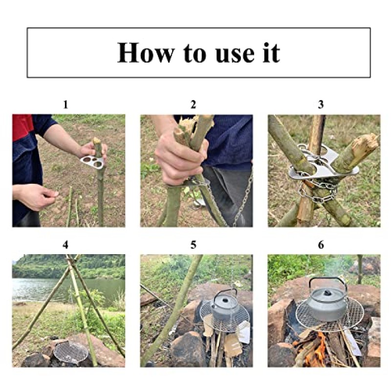 요리용 휴대용 캠프파이어 삼각대, 요리용 캠핑 삼각대, 조절 가능한 3포인트 체인, 그릴 네트를 사용하여 가지를 캠프파이어용 삼각대 그릴로 전환