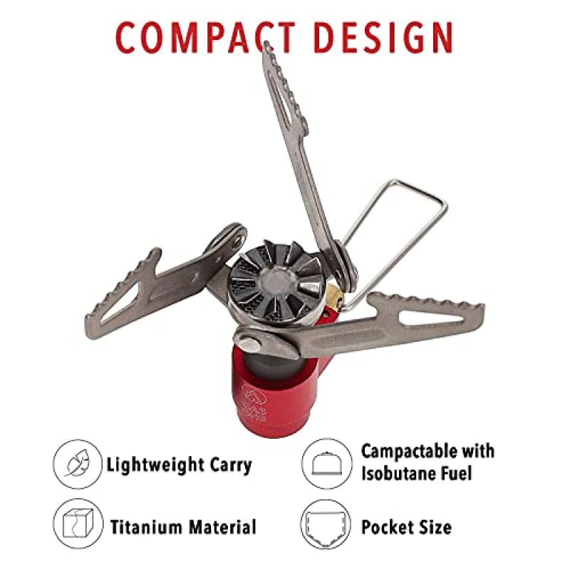 가스 원 티타늄 캠핑 스토브(연료 포함) - 올 시즌 이소부탄 캠핑 연료 - 초경량 백패킹 스토브 - 휴대용 케이스가 포함된 포켓 로켓 스토브