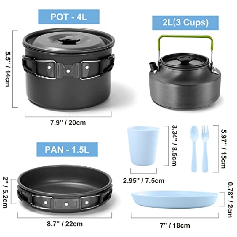 Odoland 24pcs 캠핑 조리기구 키트, 붙지 않는 경량 냄비, 팬, 주전자 세트, 플라스틱 컵, 야외 요리, 하이킹, 배낭 여행 및 피크닉을 위한 휴대용 조리기구 액세서리