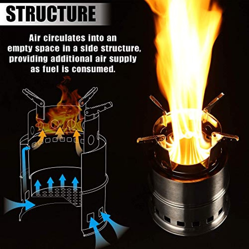 OAKVUE 휴대용 캠핑 스토브 – 스테인레스 스틸 캠핑 조리기구 – 경량 배낭 스토브 – 캠핑, 하이킹, 피크닉 바베큐를 위한 미니 장작 난로 – 목재, 가스 등을 위한 솔로 스토브