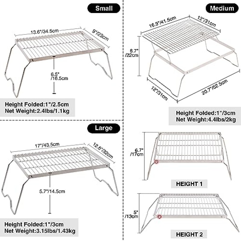 REDCAMP 휴대용 스테인레스 캠프 파이어 그릴 창살, 철판, 야외 바베큐 캠핑을위한 헤비 듀티 캠프 파이어 요리 랙