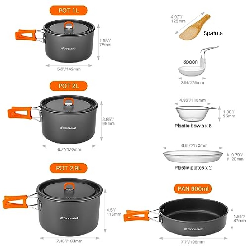 Odoland 15pcs 캠핑 조리기구 붙지 않는 경량 캠핑 냄비와 팬 세트 플라스틱 접시 그릇 수프 스푼 캠핑, 배낭 여행, 야외 요리 및 피크닉