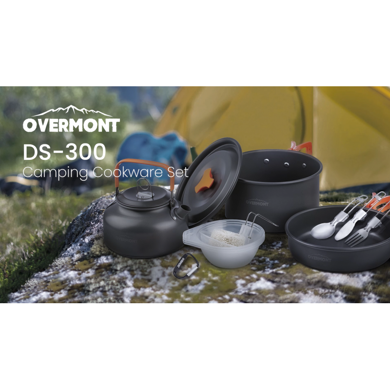 Overmont 14pc 캠핑 조리기구 엉망 키트, 배낭 여행, 야외 하이킹 및 피크닉 냄비 팬 접이식 스포크 나이프 스푼 키트를위한 휴대용 캠핑 요리 세트