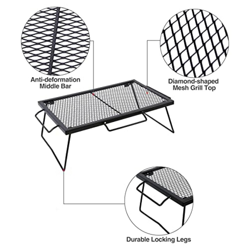 CAMPMAX 접이식 캠프파이어 그릴 창살, 야외 캠핑 요리를 위한 휴대용 헤비듀티 스틸 오버 파이어 캠프 그릴, 2개 높이의 검정색