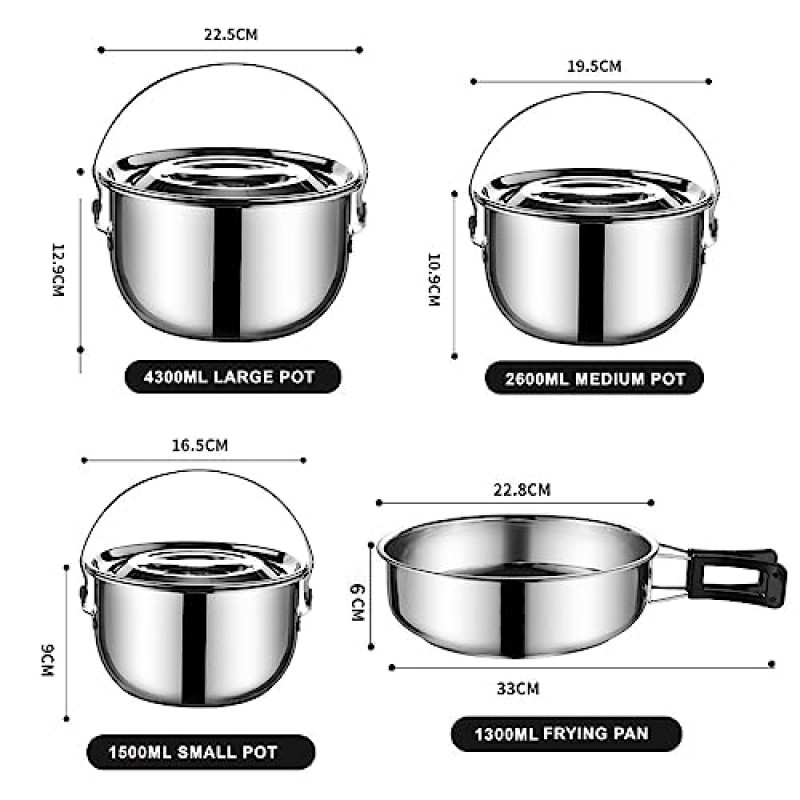 캠핑 요리 세트 - 휴대용 메스 키트 304 스테인레스 스틸 캠핑 주방 세트, 캠핑 냄비 및 팬 세트, 야외 요리, 하이킹, 배낭 여행 및 피크닉용