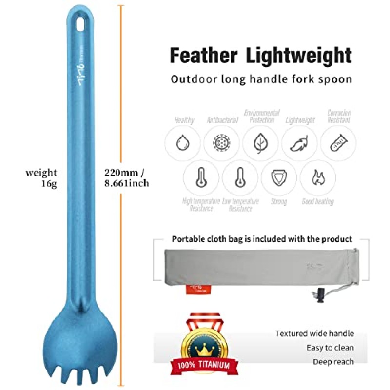 TiTo 티타늄 롱 핸들 스포크 및 스푼 야외 캠핑 배낭 하이킹 여행 피크닉 식기 가방 (2Pcs 블루)에 대 한 환경 친화적인 초경량 Portabale Flatware