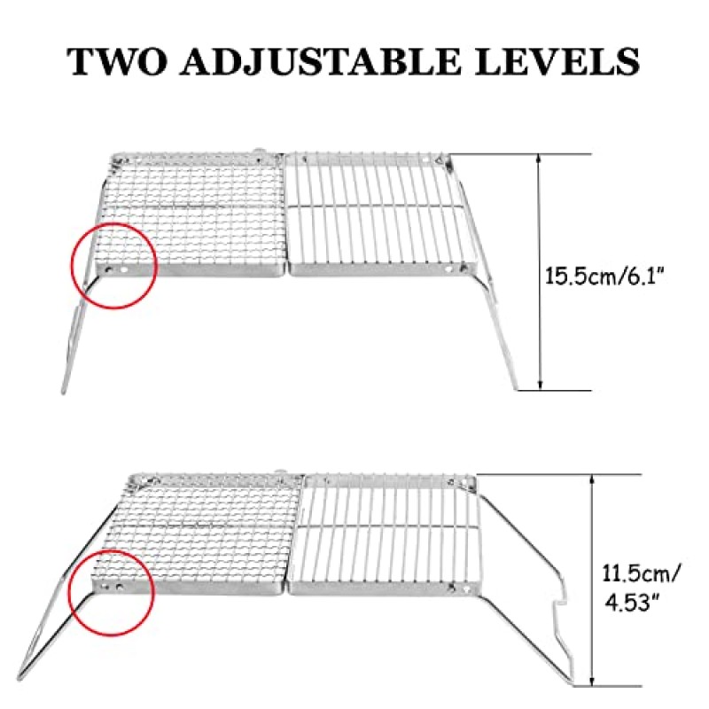 PSKOOK 접이식 캠프파이어 그릴, 휴대용 캠핑 그릴 창살, 컴팩트한 보관을 위한 304 스테인레스 스틸 캠프 파이어 요리 랙, RV 캠핑용 바비큐 그릴, 사냥 여행, 부시크래프트, 피크닉, 낚시