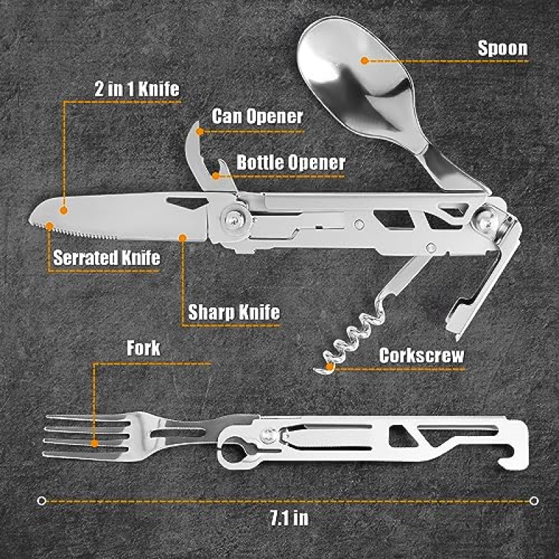 UMEINAC TECH 캠핑 용품, 7 in 1 캠핑 용품 세트 캠핑 포크 스푼 나이프 세트 캠프 배낭 용품 접이식 칼 세트 여행 하이킹