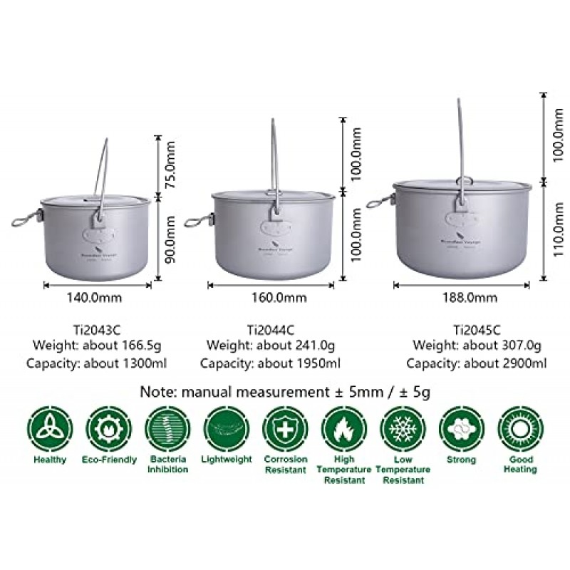 무한 항해 티타늄 야외 캠핑 배낭 하이킹을위한 교수형 냄비 초경량 휴대용 요리 냄비 캠프 주방 조리기구 1300ML/1950ML/2900ML