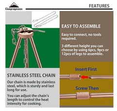 CAMPINGMOON 캠핑 캠프파이어 삼각대 휴대용 가방 포함 휴대용 경량 알루미늄 41.3인치 높이 스테인레스 스틸 체인