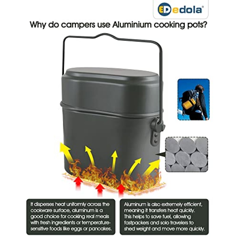 edola 캠핑 조리기구 메스 키트, 캠프 쿡 세트, 독일 군용 녹색 메스 키트, 3 in 1 알루미늄 캠프 냄비, 경량 캠핑 냄비 및 팬 세트, 접이식 포크 나이프