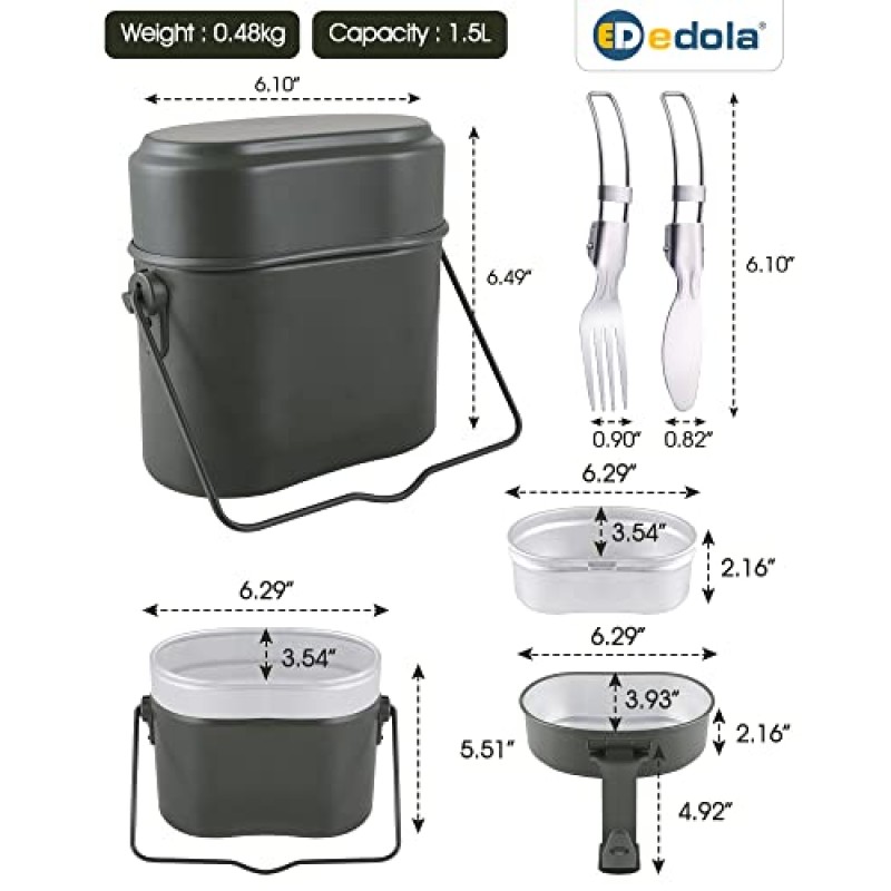 edola 캠핑 조리기구 메스 키트, 캠프 쿡 세트, 독일 군용 녹색 메스 키트, 3 in 1 알루미늄 캠프 냄비, 경량 캠핑 냄비 및 팬 세트, 접이식 포크 나이프