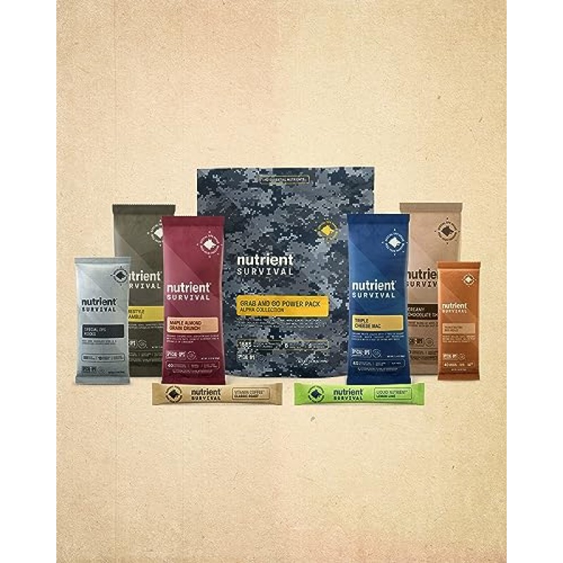 Nutrient Survival MRE 알파 그랩 앤 고 파워 팩, 즉석 식사, 동결 건조 준비 용품, 1일 영양 및 음료 팩, 비상 식품 공급, 개별 포장 8회분