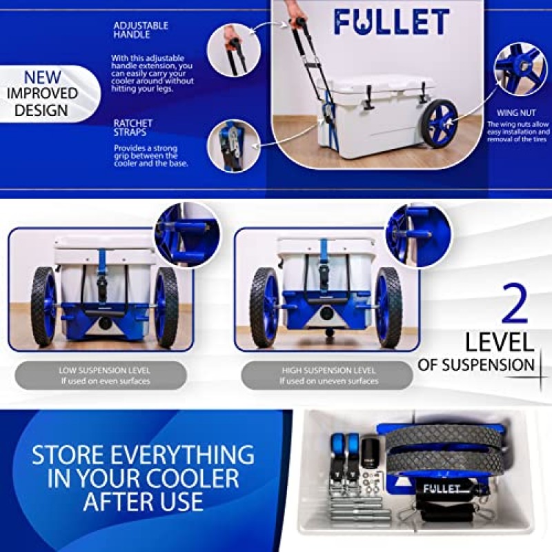 Yeti 및 RTIC 쿨러 카트용 FULLET 쿨러 휠 키트 - Coleman 아이스 체스트용 12인치 휠 및 래칫 스트랩 - 캠핑 및 해변용 쿨러 액세서리가 포함된 범용 헤비듀티 RTIC/이글루 휠 키트