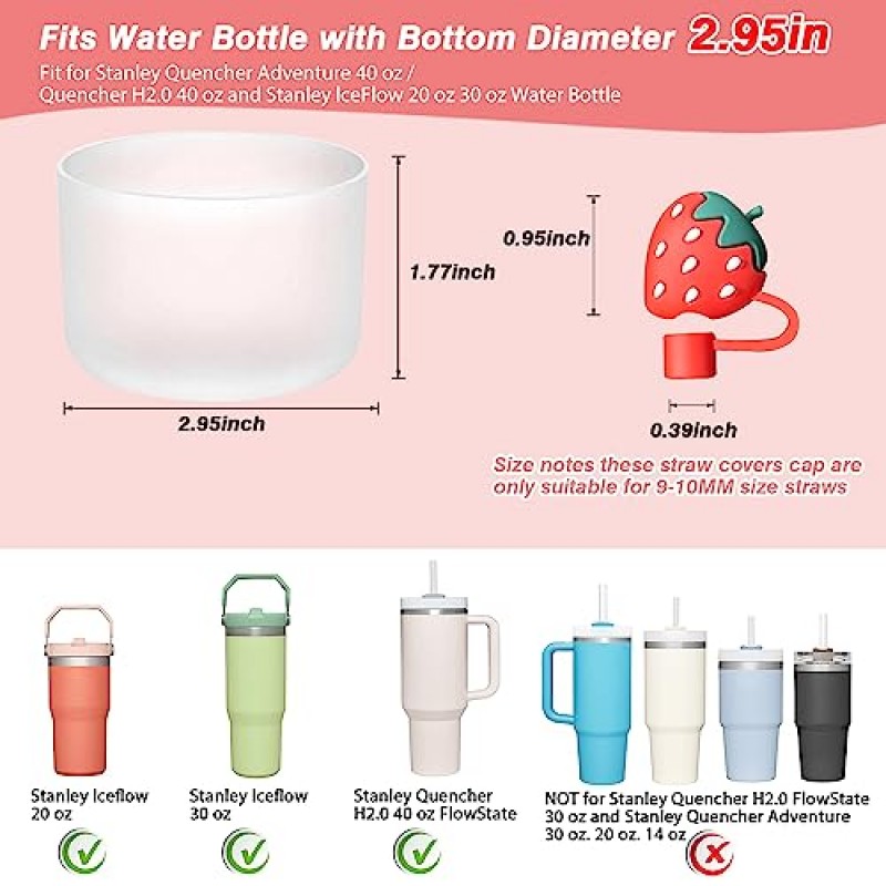 스탠리 컵 액세서리용 5개, 스탠리 컵용 딸기 해바라기 선인장 밀짚 커버 캡 3개, 스탠리 어드벤처 40온스 텀블러 및 스탠리 아이스플로우 20온스 30온스용 실리콘 부츠 슬리브 2개