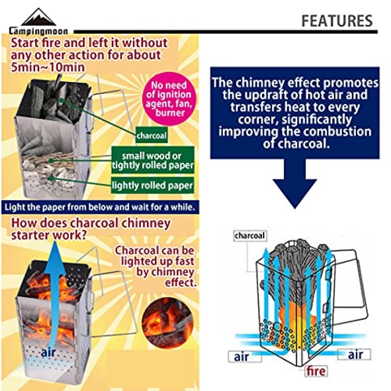 캠핑 문 CAMPINGMOON 휴대용 스테인레스 스틸 숯 굴뚝 스타터 MT-18