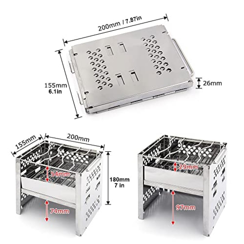 장작 굽기 캠프 여행, 다기능 스토브 접이식 휴대용 스테인레스 스틸, 그릴 그리드가 있는 야외 배낭 스토브, 캠핑 배낭 하이킹 요리 피닉 바베큐용 운반 가방