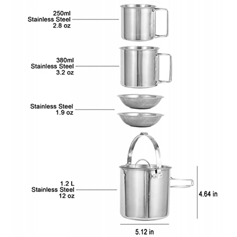 DZRZVD 캠핑 커피 주전자 및 머그 세트 - 접이식 손잡이와 뚜껑이 있는 스테인레스 스틸 냄비 - 하이킹 배낭 피크닉 야외용 개방형 끓는 물 - 1.2 L