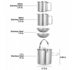 DZRZVD 캠핑 커피 주전자 및 머그 세트 - 접이식 손잡이와 뚜껑이 있는 스테인레스 스틸 냄비 - 하이킹 배낭 피크닉 야외용 개방형 끓는 물 - 1.2 L