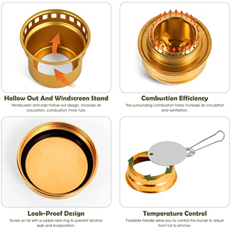 캠핑용 HUANSHA 2 In 1 미니 알코올 스토브, 스테인레스 스틸 크로스 스탠드가 있는 휴대용 알코올 버너, 보관 가방, 배낭 비상 야외 커피용 경량 소형 황동 스토브