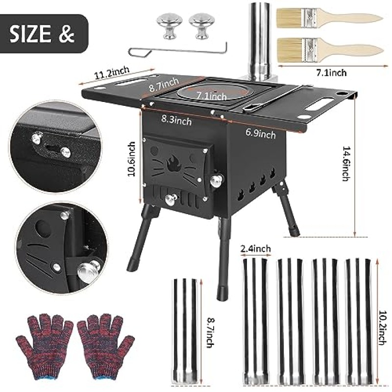 휴대용 목재 굽기 스토브 야외 캠핑 스토브 난방 바베큐 요리를위한 확장 굴뚝 파이프와 뜨거운 텐트 스토브