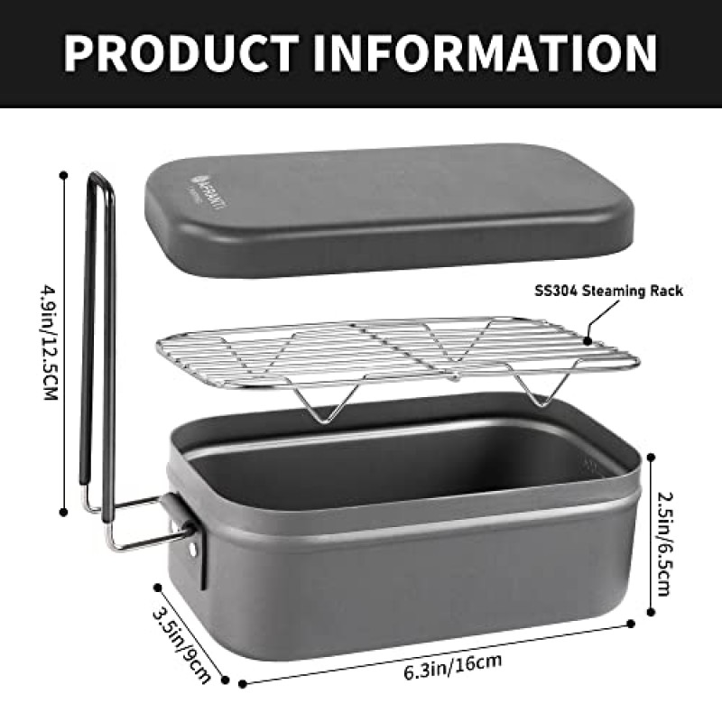 Afranti 알루미늄 엉망 주석 캠핑 도시락 상자 군사 캠핑 조리기구 키트 점심 컨테이너 김이 나는 랙 세트 피크닉 하이킹 낚시 요리 야외 27oz/800ml