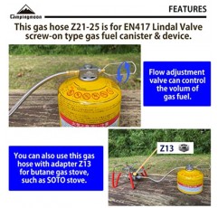 캠핑 문 CAMPINGMOON EN417 린달 밸브 나사식 캐니스터 및 장치 Z21-25용 9.8인치 다기능 가스 호스