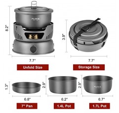 ALOCS 캠핑 조리기구 세트, 알코올 스토브 및 가스 스토브 버너가 포함된 11개 경량 캠핑 냄비 및 팬 세트, 캠핑, 하이킹 및 야외 피크닉을 위한 휴대용 및 내구성 캠핑 요리 세트