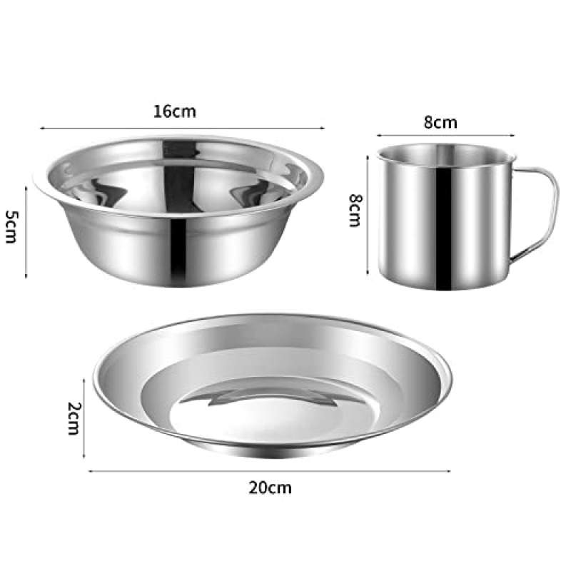 캠핑 메스 키트 캠핑 요리 세트 스테인레스 스틸 식기 메스 키트에는 캠핑용 메쉬 가방에 접시 그릇 컵 스푼 포크 나이프가 포함되어 있습니다. 1-2인용 배낭 여행 및 하이킹