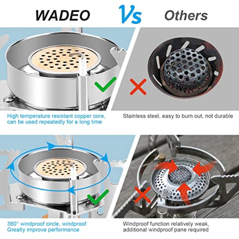 WADEO 3900W 방풍 캠핑 가스 스토브, 피에조 점화 기능이 있는 휴대용 배낭 스토브, 1LB 프로판 탱크 어댑터, 야외 캠핑, 하이킹 및 피크닉용 부탄 어댑터