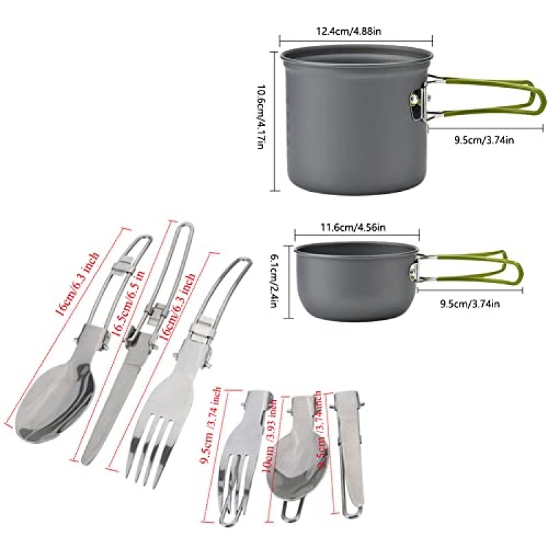 SKYXIU 캠핑 조리기구 메스 키트, 붙지 않는 경량 냄비 세트, 캠핑 액세서리 장비, 배낭 용품 생존 장비, 배낭 여행용 포크 스푼 키트, 야외 캠핑 하이킹 및 피크닉